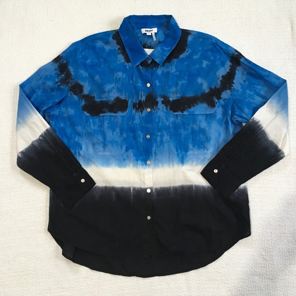 DKNY Womens L‎ Blue Black Tie Dye Ombre 100% Cotton NWT